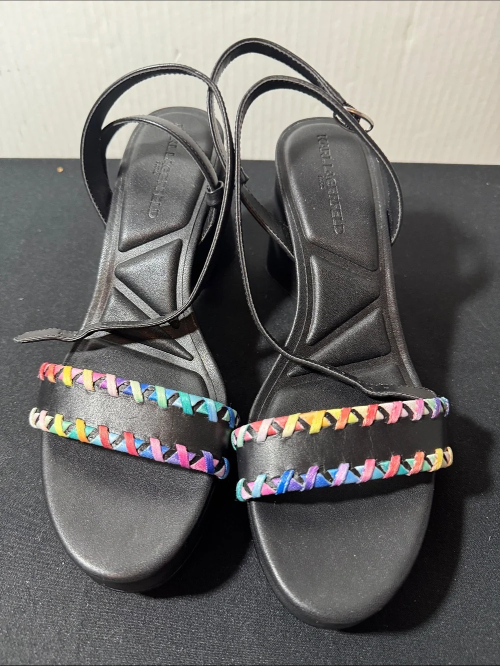 Karl Lagerfeld Black Sandals with Rainbow Braided Straps